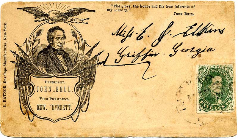 CSA 1 on rare John Bell 1860 U.S. campaign cover used within CSA postal system